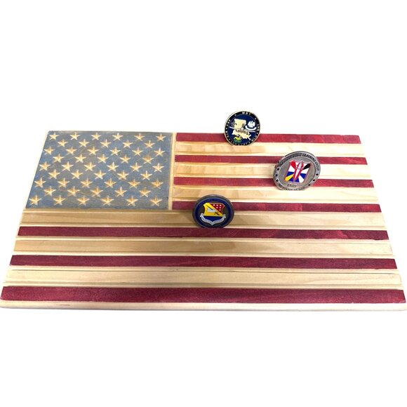Wooden American Flag Desktop‎ Display Stand For Challenge Coins Military NEW - Picture 1 of 4